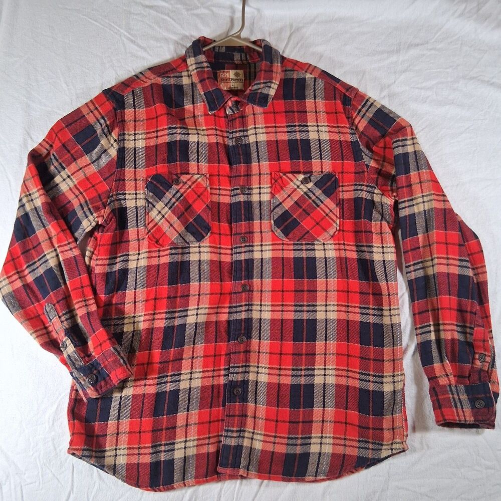 Ruff Hewn Men's Large Red Plaid Flannel Button Down Shirt Long Sleeve Work Shirt